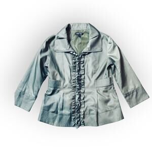 Samuel Dong Ruffled Zip Front Jacket/shacket Green Women's Slim Fit Size Small